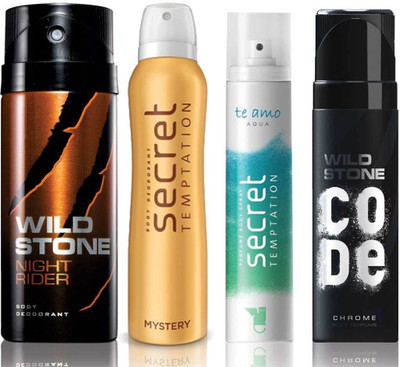 Wild Stone Night Rider Deodorant (150 ml), Code Chrome Body Perfume(120 ml) and ST Mystery Deodorant (150 ml), Te Amo Aqua Body Perfume (120 ml), Pack of 4 Perfume Body Spray - For Men & Women(540 ml, Pack of 4)
Wild Stone Night Rider Deodorant (150 ml), Code Chrome Body Perfume(120 ml) and ST Mystery Deodorant (150 ml), Te Amo Aqua Body Perfume (120 ml), Pack of 4 Perfume Body Spray - For Men & Women(540 ml, Pack of 4)