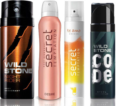 Wild Stone Night Rider Deodorant (150 ml), Code Steel Body Perfume(120 ml) and ST Desire Deodorant (150 ml), Te Amo Breeze Body Perfume (120 ml), Pack of 4 Perfume Body Spray - For Men & Women(540 ml, Pack of 4)
Wild Stone Night Rider Deodorant (150 ml), Code Steel Body Perfume(120 ml) and ST Desire Deodorant (150 ml), Te Amo Breeze Body Perfume (120 ml), Pack of 4 Perfume Body Spray - For Men & Women(540 ml, Pack of 4)