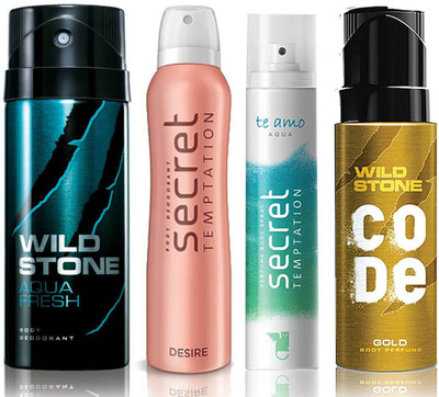 Wild Stone Aqua Fresh Deodorant (150 ml), Code Gold Body Perfume(120 ml) and ST Desire Deodorant (150 ml), Te Amo Aqua Body Perfume (120 ml), Pack of 4 Perfume Body Spray - For Men & Women(540 ml, Pack of 4)
Wild Stone Aqua Fresh Deodorant (150 ml), Code Gold Body Perfume(120 ml) and ST Desire Deodorant (150 ml), Te Amo Aqua Body Perfume (120 ml), Pack of 4 Perfume Body Spray - For Men & Women(540 ml, Pack of 4)