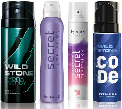 Wild Stone Hydra Energy Deodorant (150 ml), Code Titanium Body Perfume(120 ml) and ST Romance Deodorant (150 ml), Te Amo Pearl Body Perfume (120 ml), Pack of 4 Perfume Body Spray - For Men & Women(540 ml, Pack of 4)
Wild Stone Hydra Energy Deodorant (150 ml), Code Titanium Body Perfume(120 ml) and ST Romance Deodorant (150 ml), Te Amo Pearl Body Perfume (120 ml), Pack of 4 Perfume Body Spray - For Men & Women(540 ml, Pack of 4)