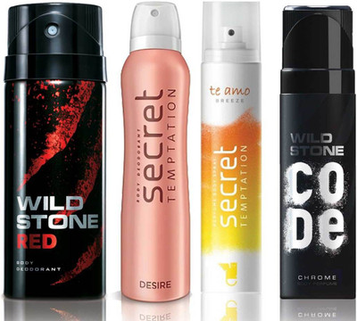 Wild Stone Red Deodorant (150 ml), Code Chrome Body Perfume(120 ml) and ST Desire Deodorant (150 ml), Te Amo Breeze Body Perfume (120 ml), Pack of 4 Perfume Body Spray - For Men & Women(540 ml, Pack of 4)
Wild Stone Red Deodorant (150 ml), Code Chrome Body Perfume(120 ml) and ST Desire Deodorant (150 ml), Te Amo Breeze Body Perfume (120 ml), Pack of 4 Perfume Body Spray - For Men & Women(540 ml, Pack of 4)