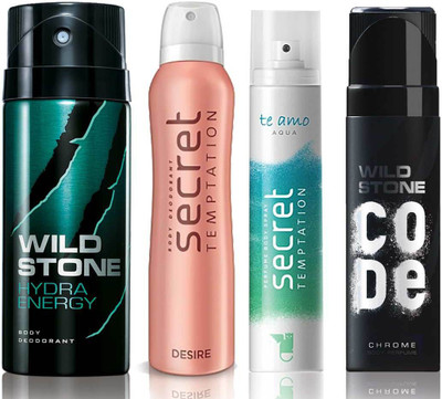 Wild Stone Hydra Energy Deodorant (150 ml), Code Chrome Body Perfume(120 ml) and ST Desire Deodorant (150 ml), Te Amo Aqua Body Perfume (120 ml), Pack of 4 Perfume Body Spray - For Men & Women(540 ml, Pack of 4)
Wild Stone Hydra Energy Deodorant (150 ml), Code Chrome Body Perfume(120 ml) and ST Desire Deodorant (150 ml), Te Amo Aqua Body Perfume (120 ml), Pack of 4 Perfume Body Spray - For Men & Women(540 ml, Pack of 4)