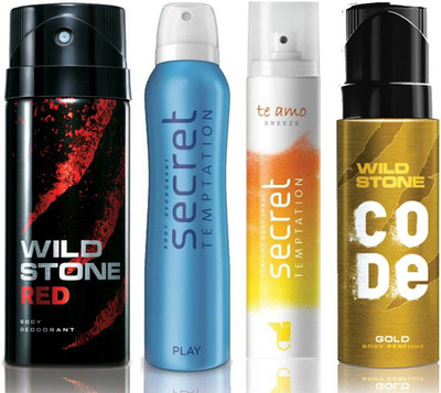 Wild Stone Red Deodorant (150 ml), Code Gold Body Perfume(120 ml) and ST Play Deodorant (150 ml), Te Amo Breeze Body Perfume (120 ml), Pack of 4 Perfume Body Spray - For Men & Women(540 ml, Pack of 4)
Wild Stone Red Deodorant (150 ml), Code Gold Body Perfume(120 ml) and ST Play Deodorant (150 ml), Te Amo Breeze Body Perfume (120 ml), Pack of 4 Perfume Body Spray - For Men & Women(540 ml, Pack of 4)