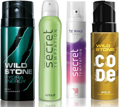 Wild Stone Hydra Energy Deodorant (150 ml), Code Gold Body Perfume(120 ml) and ST Affair Deodorant (150 ml), Te Amo Pearl Body Perfume (120 ml), Pack of 4 Perfume Body Spray - For Men & Women(540 ml, Pack of 4)
Wild Stone Hydra Energy Deodorant (150 ml), Code Gold Body Perfume(120 ml) and ST Affair Deodorant (150 ml), Te Amo Pearl Body Perfume (120 ml), Pack of 4 Perfume Body Spray - For Men & Women(540 ml, Pack of 4)