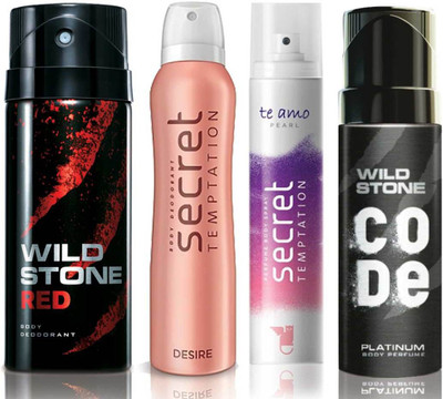 Wild Stone Red Deodorant (150 ml), Code Platinum Body Perfume(120 ml) and ST Desire Deodorant (150 ml), Te Amo Pearl Body Perfume (120 ml), Pack of 4 Perfume Body Spray - For Men & Women(540 ml, Pack of 4)
Wild Stone Red Deodorant (150 ml), Code Platinum Body Perfume(120 ml) and ST Desire Deodorant (150 ml), Te Amo Pearl Body Perfume (120 ml), Pack of 4 Perfume Body Spray - For Men & Women(540 ml, Pack of 4)