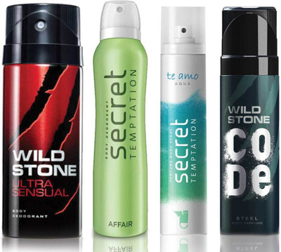 Wild Stone Ultra Sensual Deodorant (150 ml), Code Steel Body Perfume(120 ml) and ST Affair Deodorant (150 ml), Te Amo Aqua Body Perfume (120 ml), Pack of 4 Perfume Body Spray - For Men & Women(540 ml, Pack of 4)