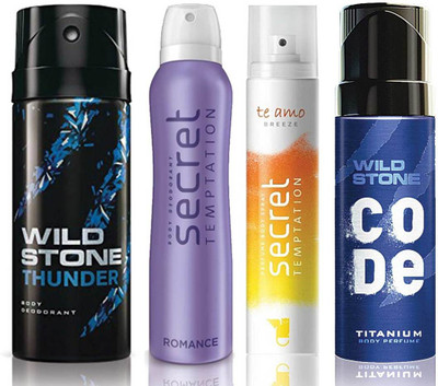 Wild Stone Thunder Deodorant (150 ml), Code Titanium Body Perfume(120 ml) and ST Romance Deodorant (150 ml), Te Amo Breeze Body Perfume (120 ml), Pack of 4 Perfume Body Spray - For Men & Women(540 ml, Pack of 4)
