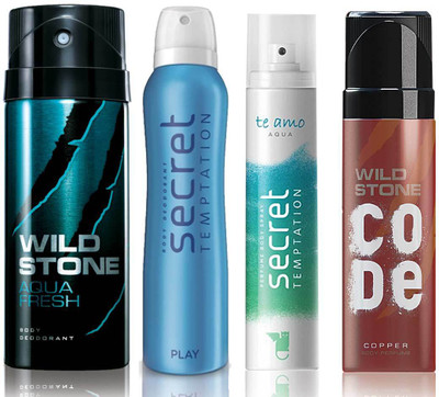 Wild Stone Aqua Fresh Deodorant (150 ml), Code Copper Perfume(120 ml) and ST Play Deodorant (150 ml), Te Amo Aqua Body Perfume (120 ml), Pack of 4 Perfume Body Spray - For Men & Women(540 ml, Pack of 4)
Wild Stone Aqua Fresh Deodorant (150 ml), Code Copper Perfume(120 ml) and ST Play Deodorant (150 ml), Te Amo Aqua Body Perfume (120 ml), Pack of 4 Perfume Body Spray - For Men & Women(540 ml, Pack of 4)