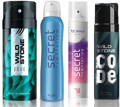 Wild Stone Edge Deodorant (150 ml), Code Steel Body Perfume(120 ml) and ST Play Deodorant (150 ml), Te Amo Pearl Body Perfume (120 ml), Pack of 4 Perfume Body Spray - For Men & Women(540 ml, Pack of 4)
Wild Stone Edge Deodorant (150 ml), Code Steel Body Perfume(120 ml) and ST Play Deodorant (150 ml), Te Amo Pearl Body Perfume (120 ml), Pack of 4 Perfume Body Spray - For Men & Women(540 ml, Pack of 4)