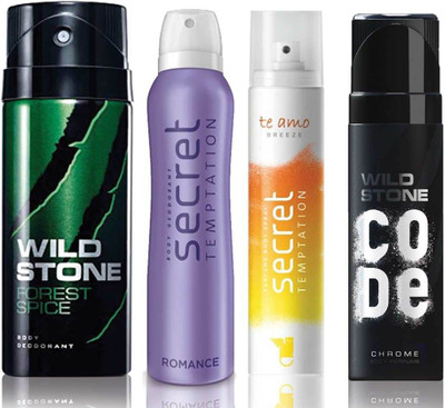 Wild Stone Forest Spice Deodorant (150 ml), Code Chrome Body Perfume(120 ml) and ST Romance Deodorant (150 ml), Te Amo Breeze Body Perfume (120 ml), Pack of 4 Perfume Body Spray - For Men & Women(540 ml, Pack of 4)
Wild Stone Forest Spice Deodorant (150 ml), Code Chrome Body Perfume(120 ml) and ST Romance Deodorant (150 ml), Te Amo Breeze Body Perfume (120 ml), Pack of 4 Perfume Body Spray - For Men & Women(540 ml, Pack of 4)