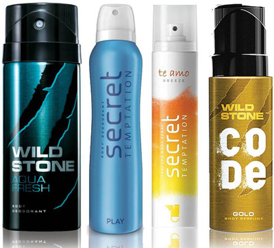 Wild Stone Aqua Fresh Deodorant (150 ml), Code Gold Body Perfume(120 ml) and ST Play Deodorant (150 ml), Te Amo Breeze Body Perfume (120 ml), Pack of 4 Perfume Body Spray - For Men & Women(540 ml, Pack of 4)
Wild Stone Aqua Fresh Deodorant (150 ml), Code Gold Body Perfume(120 ml) and ST Play Deodorant (150 ml), Te Amo Breeze Body Perfume (120 ml), Pack of 4 Perfume Body Spray - For Men & Women(540 ml, Pack of 4)