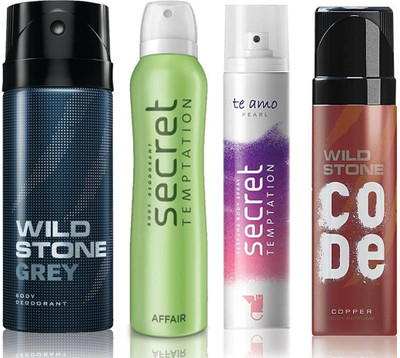 Wild Stone Grey Deodorant (150 ml), Code Copper Perfume(120 ml) and ST Affair Deodorant (150 ml), Te Amo Pearl Body Perfume (120 ml), Pack of 4 Perfume Body Spray - For Men & Women(540 ml, Pack of 4)