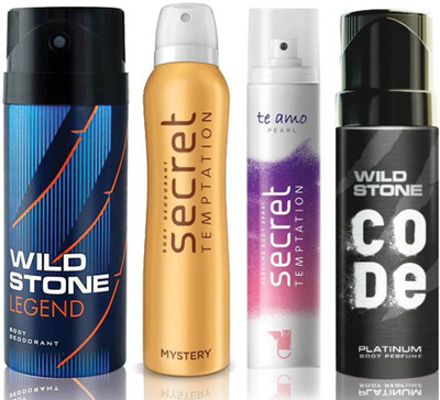 Wild Stone Legend Deodorant (150 ml), Code Platinum Body Perfume(120 ml) and ST Mystery Deodorant (150 ml), Te Amo Pearl Body Perfume (120 ml), Pack of 4 Perfume Body Spray - For Men & Women(540 ml, Pack of 4)