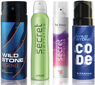 Wild Stone Legend Deodorant (150 ml), Code Titanium Body Perfume(120 ml) and ST Affair Deodorant (150 ml), Te Amo Pearl Body Perfume (120 ml), Pack of 4 Perfume Body Spray - For Men & Women(540 ml, Pack of 4)
Wild Stone Legend Deodorant (150 ml), Code Titanium Body Perfume(120 ml) and ST Affair Deodorant (150 ml), Te Amo Pearl Body Perfume (120 ml), Pack of 4 Perfume Body Spray - For Men & Women(540 ml, Pack of 4)