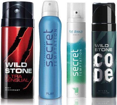 Wild Stone Ultra Sensual Deodorant (150 ml), Code Steel Body Perfume(120 ml) and ST Play Deodorant (150 ml), Te Amo Aqua Body Perfume (120 ml), Pack of 4 Perfume Body Spray - For Men & Women(540 ml, Pack of 4)
Wild Stone Ultra Sensual Deodorant (150 ml), Code Steel Body Perfume(120 ml) and ST Play Deodorant (150 ml), Te Amo Aqua Body Perfume (120 ml), Pack of 4 Perfume Body Spray - For Men & Women(540 ml, Pack of 4)