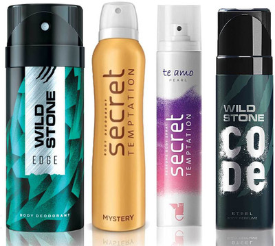 Wild Stone Edge Deodorant (150 ml), Code Steel Body Perfume(120 ml) and ST Mystery Deodorant (150 ml), Te Amo Pearl Body Perfume (120 ml), Pack of 4 Perfume Body Spray - For Men & Women(540 ml, Pack of 4)
Wild Stone Edge Deodorant (150 ml), Code Steel Body Perfume(120 ml) and ST Mystery Deodorant (150 ml), Te Amo Pearl Body Perfume (120 ml), Pack of 4 Perfume Body Spray - For Men & Women(540 ml, Pack of 4)