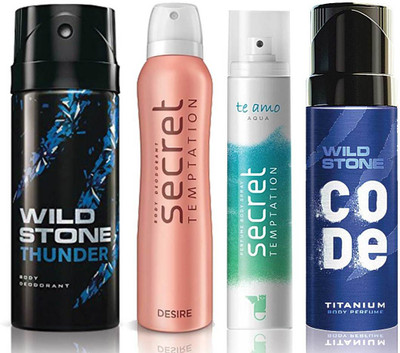 Wild Stone Thunder Deodorant (150 ml), Code Titanium Body Perfume(120 ml) and ST Desire Deodorant (150 ml), Te Amo Aqua Body Perfume (120 ml), Pack of 4 Perfume Body Spray - For Men & Women(540 ml, Pack of 4)
Wild Stone Thunder Deodorant (150 ml), Code Titanium Body Perfume(120 ml) and ST Desire Deodorant (150 ml), Te Amo Aqua Body Perfume (120 ml), Pack of 4 Perfume Body Spray - For Men & Women(540 ml, Pack of 4)