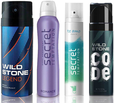 Wild Stone Legend Deodorant (150 ml), Code Steel Body Perfume(120 ml) and ST Romance Deodorant (150 ml), Te Amo Aqua Body Perfume (120 ml), Pack of 4 Perfume Body Spray - For Men & Women(540 ml, Pack of 4)
Wild Stone Legend Deodorant (150 ml), Code Steel Body Perfume(120 ml) and ST Romance Deodorant (150 ml), Te Amo Aqua Body Perfume (120 ml), Pack of 4 Perfume Body Spray - For Men & Women(540 ml, Pack of 4)