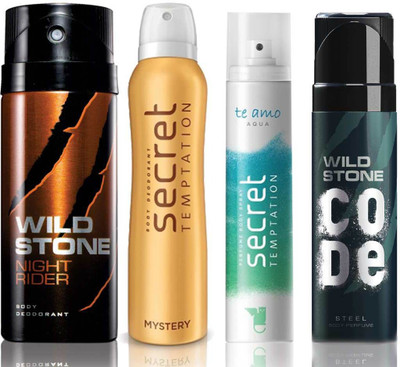 Wild Stone Night Rider Deodorant (150 ml), Code Steel Body Perfume(120 ml) and ST Mystery Deodorant (150 ml), Te Amo Aqua Body Perfume (120 ml), Pack of 4 Perfume Body Spray - For Men & Women(540 ml, Pack of 4)