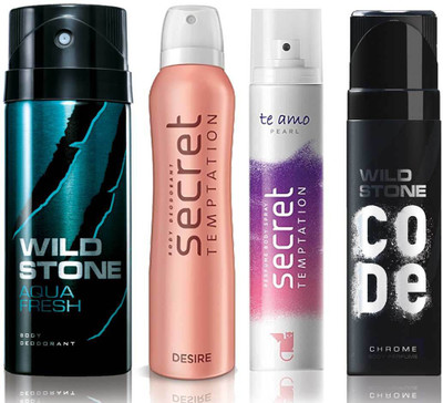Wild Stone Aqua Fresh Deodorant (150 ml), Code Chrome Body Perfume(120 ml) and ST Desire Deodorant (150 ml), Te Amo Pearl Body Perfume (120 ml), Pack of 4 Perfume Body Spray - For Men & Women(540 ml, Pack of 4)
Wild Stone Aqua Fresh Deodorant (150 ml), Code Chrome Body Perfume(120 ml) and ST Desire Deodorant (150 ml), Te Amo Pearl Body Perfume (120 ml), Pack of 4 Perfume Body Spray - For Men & Women(540 ml, Pack of 4)