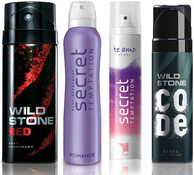 Wild Stone Red Deodorant (150 ml), Code Steel Body Perfume(120 ml) and ST Romance Deodorant (150 ml), Te Amo Pearl Body Perfume (120 ml), Pack of 4 Perfume Body Spray - For Men & Women(540 ml, Pack of 4)
Wild Stone Red Deodorant (150 ml), Code Steel Body Perfume(120 ml) and ST Romance Deodorant (150 ml), Te Amo Pearl Body Perfume (120 ml), Pack of 4 Perfume Body Spray - For Men & Women(540 ml, Pack of 4)