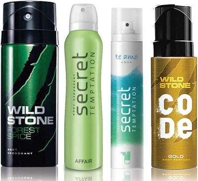 Wild Stone Forest Spice Deodorant (150 ml), Code Gold Body Perfume(120 ml) and ST Affair Deodorant (150 ml), Te Amo Aqua Body Perfume (120 ml), Pack of 4 Perfume Body Spray - For Men & Women(540 ml, Pack of 4)