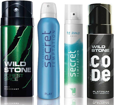 Wild Stone Forest Spice Deodorant (150 ml), Code Platinum Body Perfume(120 ml) and ST Play Deodorant (150 ml), Te Amo Aqua Body Perfume (120 ml), Pack of 4 Perfume Body Spray - For Men & Women(540 ml, Pack of 4)
Wild Stone Forest Spice Deodorant (150 ml), Code Platinum Body Perfume(120 ml) and ST Play Deodorant (150 ml), Te Amo Aqua Body Perfume (120 ml), Pack of 4 Perfume Body Spray - For Men & Women(540 ml, Pack of 4)
