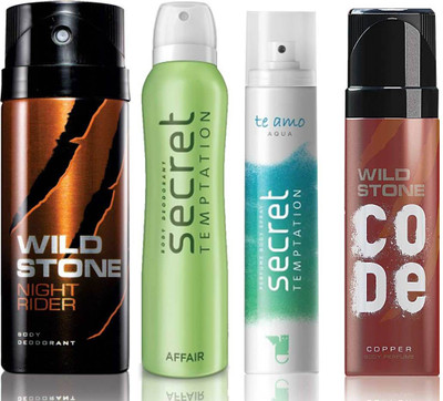 Wild Stone Night Rider Deodorant (150 ml), Code Copper Perfume(120 ml) and ST Affair Deodorant (150 ml), Te Amo Aqua Body Perfume (120 ml), Pack of 4 Perfume Body Spray - For Men & Women(540 ml, Pack of 4)
Wild Stone Night Rider Deodorant (150 ml), Code Copper Perfume(120 ml) and ST Affair Deodorant (150 ml), Te Amo Aqua Body Perfume (120 ml), Pack of 4 Perfume Body Spray - For Men & Women(540 ml, Pack of 4)