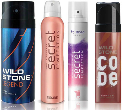 Wild Stone Legend Deodorant (150 ml), Code Copper Perfume(120 ml) and ST Desire Deodorant (150 ml), Te Amo Pearl Body Perfume (120 ml), Pack of 4 Perfume Body Spray - For Men & Women(540 ml, Pack of 4)
Wild Stone Legend Deodorant (150 ml), Code Copper Perfume(120 ml) and ST Desire Deodorant (150 ml), Te Amo Pearl Body Perfume (120 ml), Pack of 4 Perfume Body Spray - For Men & Women(540 ml, Pack of 4)