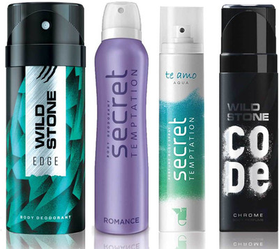 Wild Stone Edge Deodorant (150 ml), Code Chrome Body Perfume(120 ml) and ST Romance Deodorant (150 ml), Te Amo Aqua Body Perfume (120 ml), Pack of 4 Perfume Body Spray - For Men & Women(540 ml, Pack of 4)
Wild Stone Edge Deodorant (150 ml), Code Chrome Body Perfume(120 ml) and ST Romance Deodorant (150 ml), Te Amo Aqua Body Perfume (120 ml), Pack of 4 Perfume Body Spray - For Men & Women(540 ml, Pack of 4)