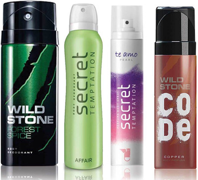 Wild Stone Forest Spice Deodorant (150 ml), Code Copper Perfume(120 ml) and ST Affair Deodorant (150 ml), Te Amo Pearl Body Perfume (120 ml), Pack of 4 Perfume Body Spray - For Men & Women(540 ml, Pack of 4)
Wild Stone Forest Spice Deodorant (150 ml), Code Copper Perfume(120 ml) and ST Affair Deodorant (150 ml), Te Amo Pearl Body Perfume (120 ml), Pack of 4 Perfume Body Spray - For Men & Women(540 ml, Pack of 4)