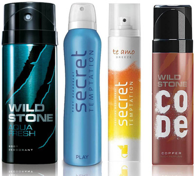 Wild Stone Aqua Fresh Deodorant (150 ml), Code Copper Perfume(120 ml) and ST Play Deodorant (150 ml), Te Amo Breeze Body Perfume (120 ml), Pack of 4 Perfume Body Spray - For Men & Women(540 ml, Pack of 4)
Wild Stone Aqua Fresh Deodorant (150 ml), Code Copper Perfume(120 ml) and ST Play Deodorant (150 ml), Te Amo Breeze Body Perfume (120 ml), Pack of 4 Perfume Body Spray - For Men & Women(540 ml, Pack of 4)