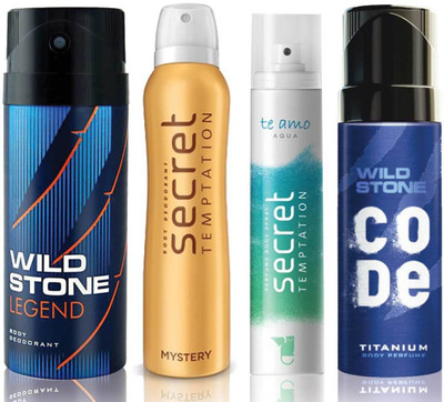 Wild Stone Legend Deodorant (150 ml), Code Titanium Body Perfume(120 ml) and ST Mystery Deodorant (150 ml), Te Amo Aqua Body Perfume (120 ml), Pack of 4 Perfume Body Spray - For Men & Women(540 ml, Pack of 4)
Wild Stone Legend Deodorant (150 ml), Code Titanium Body Perfume(120 ml) and ST Mystery Deodorant (150 ml), Te Amo Aqua Body Perfume (120 ml), Pack of 4 Perfume Body Spray - For Men & Women(540 ml, Pack of 4)