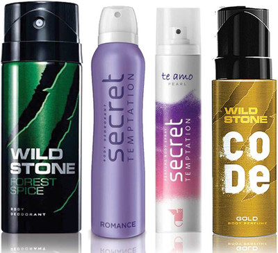 Wild Stone Forest Spice Deodorant (150 ml), Code Gold Body Perfume(120 ml) and ST Romance Deodorant (150 ml), Te Amo Pearl Body Perfume (120 ml), Pack of 4 Perfume Body Spray - For Men & Women(540 ml, Pack of 4)
Wild Stone Forest Spice Deodorant (150 ml), Code Gold Body Perfume(120 ml) and ST Romance Deodorant (150 ml), Te Amo Pearl Body Perfume (120 ml), Pack of 4 Perfume Body Spray - For Men & Women(540 ml, Pack of 4)