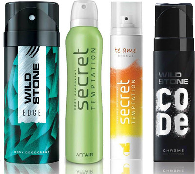 Wild Stone Edge Deodorant (150 ml), Code Chrome Body Perfume(120 ml) and ST Affair Deodorant (150 ml), Te Amo Breeze Body Perfume (120 ml), Pack of 4 Perfume Body Spray - For Men & Women(540 ml, Pack of 4)
Wild Stone Edge Deodorant (150 ml), Code Chrome Body Perfume(120 ml) and ST Affair Deodorant (150 ml), Te Amo Breeze Body Perfume (120 ml), Pack of 4 Perfume Body Spray - For Men & Women(540 ml, Pack of 4)