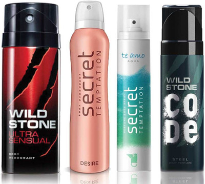 Wild Stone Ultra Sensual Deodorant (150 ml), Code Steel Body Perfume(120 ml) and ST Desire Deodorant (150 ml), Te Amo Aqua Body Perfume (120 ml), Pack of 4 Perfume Body Spray - For Men & Women(540 ml, Pack of 4)
Wild Stone Ultra Sensual Deodorant (150 ml), Code Steel Body Perfume(120 ml) and ST Desire Deodorant (150 ml), Te Amo Aqua Body Perfume (120 ml), Pack of 4 Perfume Body Spray - For Men & Women(540 ml, Pack of 4)