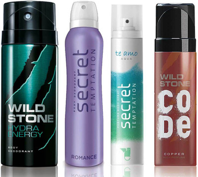 Wild Stone Hydra Energy Deodorant (150 ml), Code Copper Perfume(120 ml) and ST Romance Deodorant (150 ml), Te Amo Aqua Body Perfume (120 ml), Pack of 4 Perfume Body Spray - For Men & Women(540 ml, Pack of 4)
Wild Stone Hydra Energy Deodorant (150 ml), Code Copper Perfume(120 ml) and ST Romance Deodorant (150 ml), Te Amo Aqua Body Perfume (120 ml), Pack of 4 Perfume Body Spray - For Men & Women(540 ml, Pack of 4)
