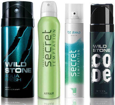 Wild Stone Aqua Fresh Deodorant (150 ml), Code Steel Body Perfume(120 ml) and ST Affair Deodorant (150 ml), Te Amo Aqua Body Perfume (120 ml), Pack of 4 Perfume Body Spray - For Men & Women(540 ml, Pack of 4)
Wild Stone Aqua Fresh Deodorant (150 ml), Code Steel Body Perfume(120 ml) and ST Affair Deodorant (150 ml), Te Amo Aqua Body Perfume (120 ml), Pack of 4 Perfume Body Spray - For Men & Women(540 ml, Pack of 4)