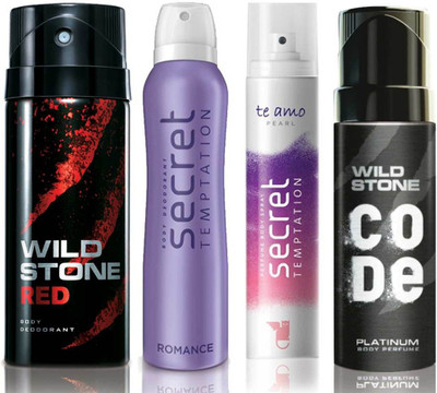 Wild Stone Red Deodorant (150 ml), Code Platinum Body Perfume(120 ml) and ST Romance Deodorant (150 ml), Te Amo Pearl Body Perfume (120 ml), Pack of 4 Perfume Body Spray - For Men & Women(540 ml, Pack of 4)
Wild Stone Red Deodorant (150 ml), Code Platinum Body Perfume(120 ml) and ST Romance Deodorant (150 ml), Te Amo Pearl Body Perfume (120 ml), Pack of 4 Perfume Body Spray - For Men & Women(540 ml, Pack of 4)