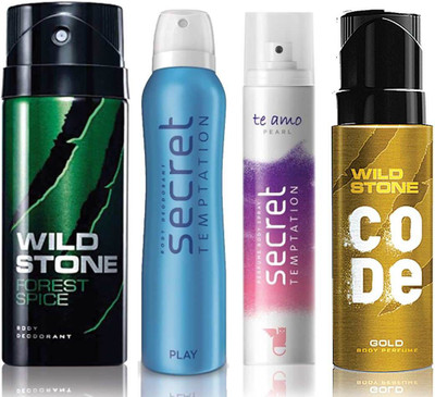 Wild Stone Forest Spice Deodorant (150 ml), Code Gold Body Perfume(120 ml) and ST Play Deodorant (150 ml), Te Amo Pearl Body Perfume (120 ml), Pack of 4 Perfume Body Spray - For Men & Women(540 ml, Pack of 4)
Wild Stone Forest Spice Deodorant (150 ml), Code Gold Body Perfume(120 ml) and ST Play Deodorant (150 ml), Te Amo Pearl Body Perfume (120 ml), Pack of 4 Perfume Body Spray - For Men & Women(540 ml, Pack of 4)