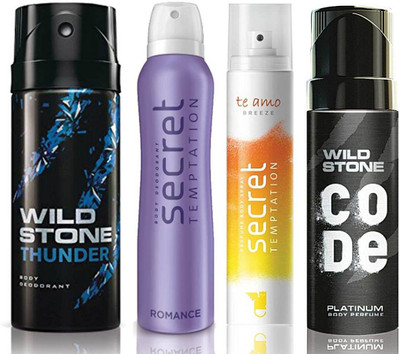 Wild Stone Thunder Deodorant (150 ml), Code Platinum Body Perfume(120 ml) and ST Romance Deodorant (150 ml), Te Amo Breeze Body Perfume (120 ml), Pack of 4 Perfume Body Spray - For Men & Women(540 ml, Pack of 4)
Wild Stone Thunder Deodorant (150 ml), Code Platinum Body Perfume(120 ml) and ST Romance Deodorant (150 ml), Te Amo Breeze Body Perfume (120 ml), Pack of 4 Perfume Body Spray - For Men & Women(540 ml, Pack of 4)