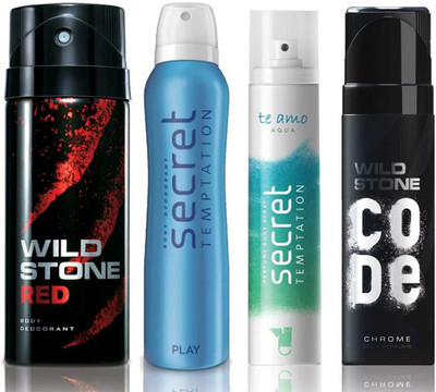 Wild Stone Red Deodorant (150 ml), Code Chrome Body Perfume(120 ml) and ST Play Deodorant (150 ml), Te Amo Aqua Body Perfume (120 ml), Pack of 4 Perfume Body Spray - For Men & Women(540 ml, Pack of 4)
Wild Stone Red Deodorant (150 ml), Code Chrome Body Perfume(120 ml) and ST Play Deodorant (150 ml), Te Amo Aqua Body Perfume (120 ml), Pack of 4 Perfume Body Spray - For Men & Women(540 ml, Pack of 4)