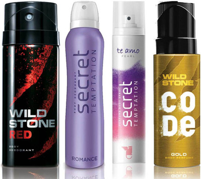 Wild Stone Red Deodorant (150 ml), Code Gold Body Perfume(120 ml) and ST Romance Deodorant (150 ml), Te Amo Pearl Body Perfume (120 ml), Pack of 4 Perfume Body Spray - For Men & Women(540 ml, Pack of 4)
Wild Stone Red Deodorant (150 ml), Code Gold Body Perfume(120 ml) and ST Romance Deodorant (150 ml), Te Amo Pearl Body Perfume (120 ml), Pack of 4 Perfume Body Spray - For Men & Women(540 ml, Pack of 4)