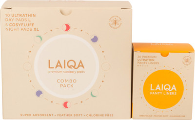 LAIQA Premium Sanitary Napkins Cosyfluff + Ultrathin Combo Pack 10 Days Pad L & 5 Night Pads XL - 1 Box + Panty Liner 155mm Sanitary Pad(Pack of 35)
LAIQA Premium Sanitary Napkins Cosyfluff + Ultrathin Combo Pack 10 Days Pad L & 5 Night Pads XL - 1 Box + Panty Liner 155mm Sanitary Pad(Pack of 35)