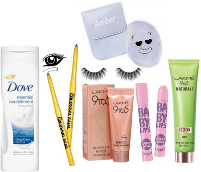 Amber Silicon puff, 9to5 naturale CC cream ,weightless mousse foundation, the colossal kajal pack of 2,dove essential nourshing body lotion, new york baby lips pack of 2,eyelashes(Set of 9)
Amber Silicon puff, 9to5 naturale CC cream ,weightless mousse foundation, the colossal kajal pack of 2,dove essential nourshing body lotion, new york baby lips pack of 2,eyelashes(Set of 9)