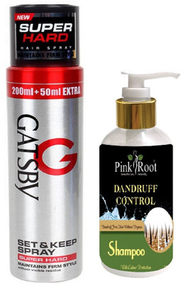 Pink Root DANDRUFF CONTROL SHAMPOO 200ML WITH GATSBY SUPER HARD SPRAY(Set of 2)