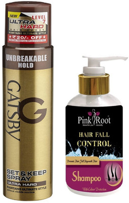 Pink Root HAIR FALL CONTROL SHAMPOO 200ML WITH GATSBY ULTRA HARD SPRAY(Set of 2)
