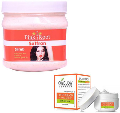 Pink Root SAFRON SCRUB 500GM WITH OXYGLOW LACTO BLEACH 50GM(Set of 2)