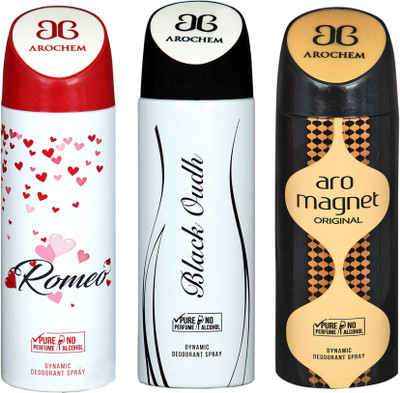 AROCHEM romeo,black oudh and aro magnet combo Body Spray - For Men & Women(300 ml, Pack of 3)
AROCHEM romeo,black oudh and aro magnet combo Body Spray - For Men & Women(300 ml, Pack of 3)