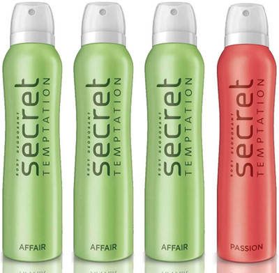 Secret Temptation 3 Affair and 1 Play Deodorant Spray - For Women(600 ml, Pack of 4)
Secret Temptation 3 Affair and 1 Play Deodorant Spray - For Women(600 ml, Pack of 4)